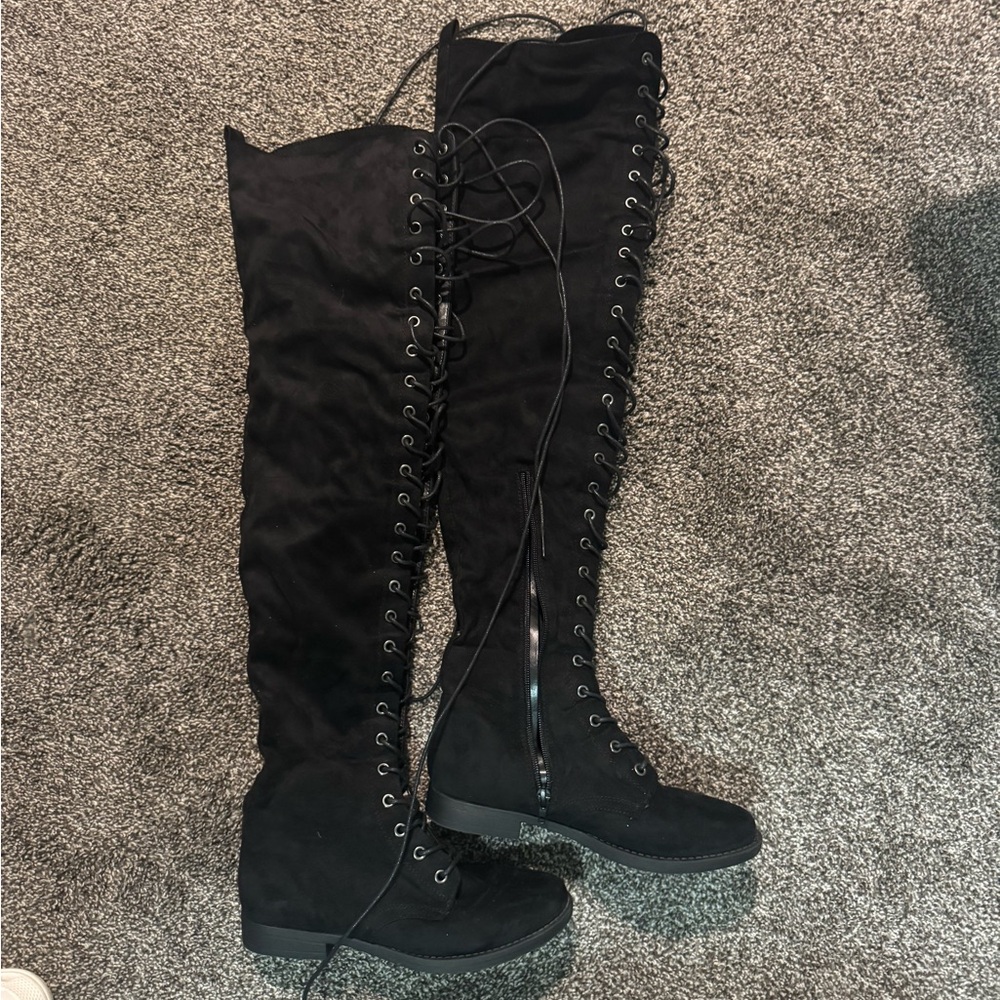 Black Lace-Up Over-the-Knee Boots